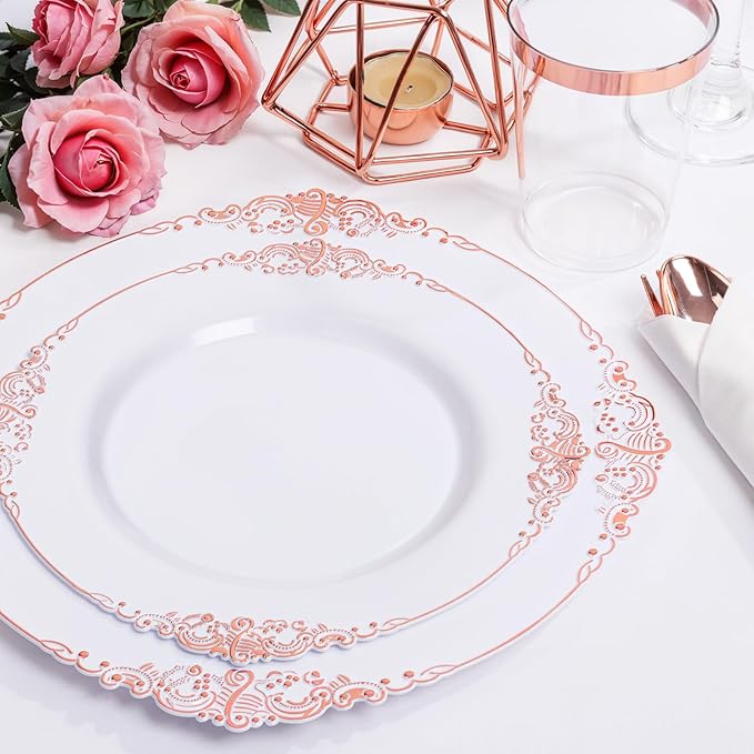 Nervure 700PCS Rose Gold Plastic Plates - Rose Gold Plastic Dinnerware Sets for 100 Guests - 200 White Disposable Plates, 300 Silverware, 100 Cups, 100 Napkins for Wedding & Party & Mothers Day