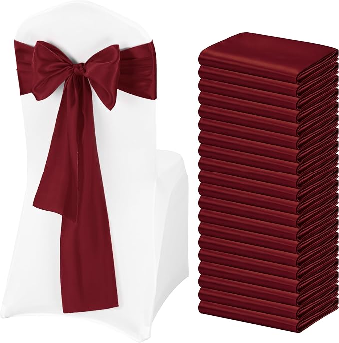 Pesonlook 60 PCS Burgundy Satin Chair Sashes Bows Satin Sashes Universal Chair Cover for Wedding Reception Restaurant Event Decoration Banquet,Party,Hotel Event Decorations (7 x 108 inch)