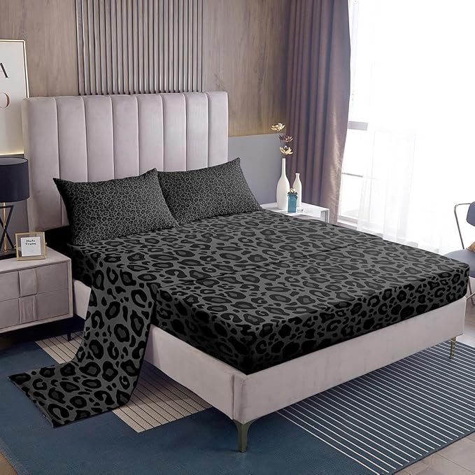 Castle Fairy African Cheetah Wildlife Bed Sheet Queen Size,Gray Wild Animal Skin Sheets,Leopard Print Bedding Sets (1 Fitted,1 Flat,2 Pillowcases) Luxury Deep Pocket Bed Sheets