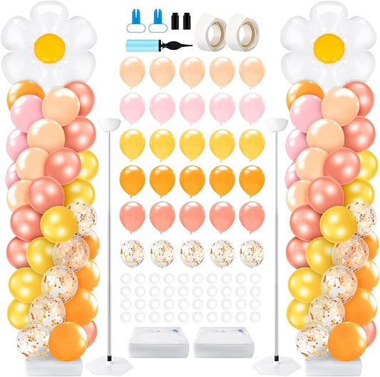 Kasyat 2 Set Groovy Daisy Balloon Column Stand Kit with Adjustable Balloon Arch Kit Boho Pastel Pink Orange Yellow Flower Party Supplies for Wedding Baby Shower Two Groovy Birthday Party Supplies