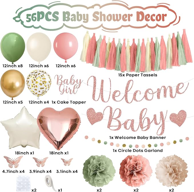 Baby in Bloom Baby Shower Decorations, Sage Green Dusty Blush Pink Gold Sand White Latex Confetti Balloons with Banner Cake Topper Pom Poms Tassel for Girls Boho Fairy Floral Birthday Party Decoration