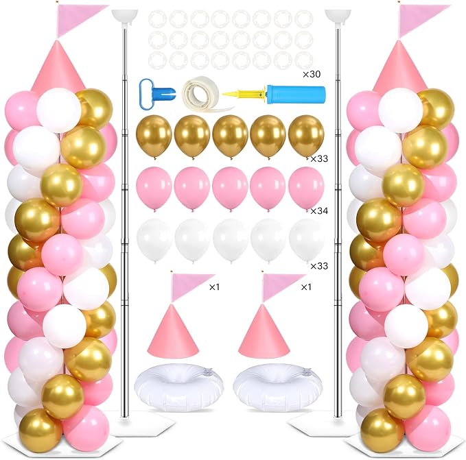 2 Sets Pink Princess Castle Balloon Column Stand Kit with 100 Balloons 2 Tricorne Hat 2 Pennant Pink White Gold Adjustable Balloon Tower Stand with Base for Princess Wedding Birthday Party Supplies