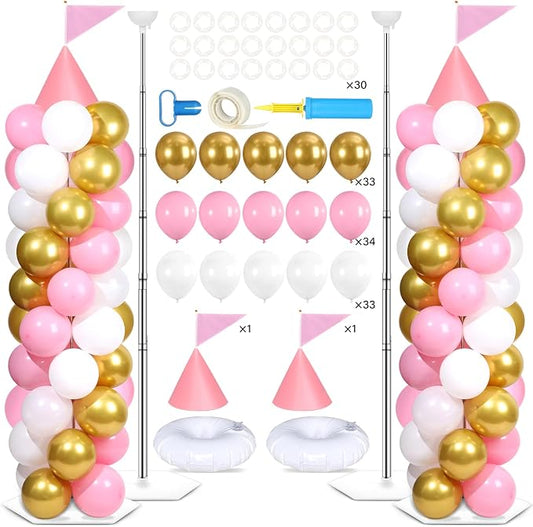 2 Sets Pink Princess Castle Balloon Column Stand Kit with 100 Balloons 2 Tricorne Hat 2 Pennant Pink White Gold Adjustable Balloon Tower Stand with Base for Princess Wedding Birthday Party Supplies