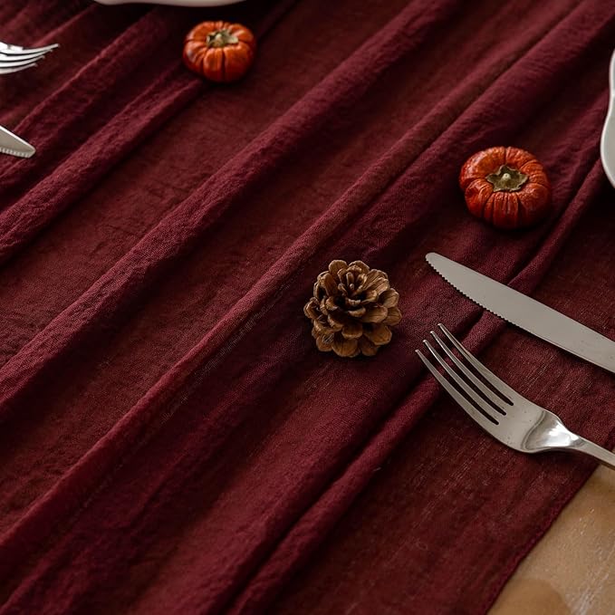 Keketoarrange Burgundy Mothers Day Cheesecloth Table Runner Gauze 120 Inch 10 FT Rustic Boho Cheese Cloth Runner for Wedding Baby Bridal Shower Party Long Sheer Spring Summer Home Decorations