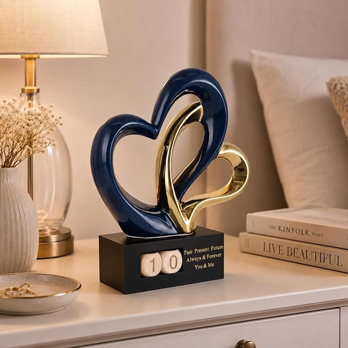 Ceramic Heart Sculpture with Date Blocks, Blue Gold Hearts Statue for Home Decor, Romantic Valentines Day & Wedding for Couple, Shelf Mantel Tabletop Display (Blue Gold)