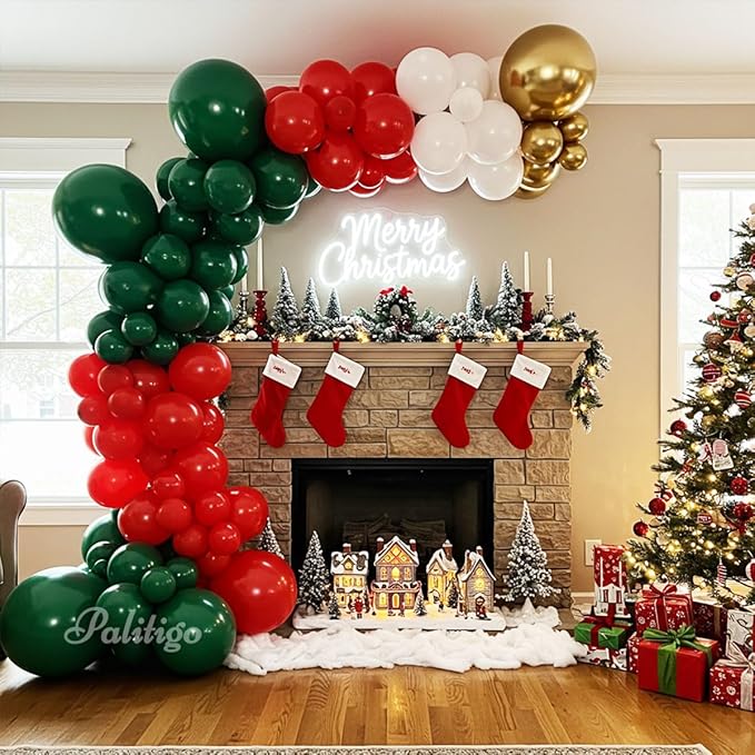Christmas Balloon Arch Kit 140pcs Double Stuffed Green Red White & Gold Balloons Garland, Merry Christmas Balloons Arch Decorations for Holiday Party Backdrop & Merry Xmas Balloons Decor Supplies