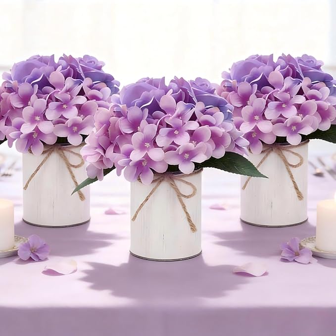 Flower Table Centerpieces - Set of 6 Floral Arrangement Artificial Wedding Hydrangeas Floral Arrangement with Rustic Metal Vase for Bridal Tea Party Event Decorations - Purple
