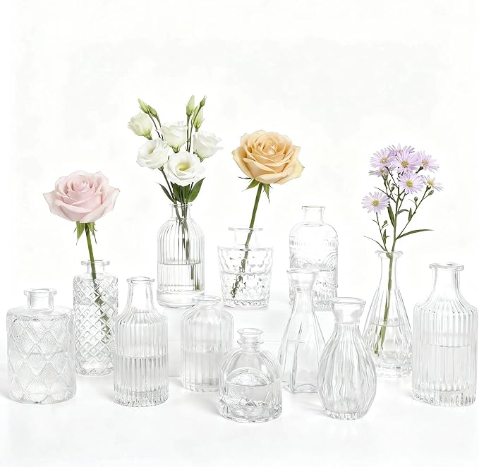Mini Bud Vases Centerpieces for Tables,Clear Bud Vases for Flowers,Small Flower Vases Suitable for Birthday Party,Anniversary,Wedding Reception,Baby Shower (Clear, 12PCS)