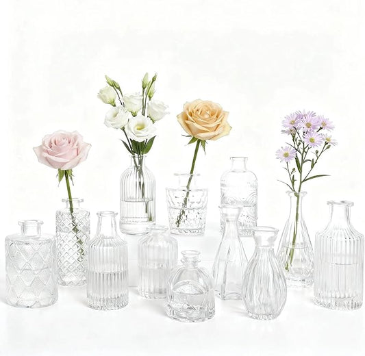 Mini Bud Vases Centerpieces for Tables,Clear Bud Vases for Flowers,Small Flower Vases Suitable for Birthday Party,Anniversary,Wedding Reception,Baby Shower (Clear, 12PCS)