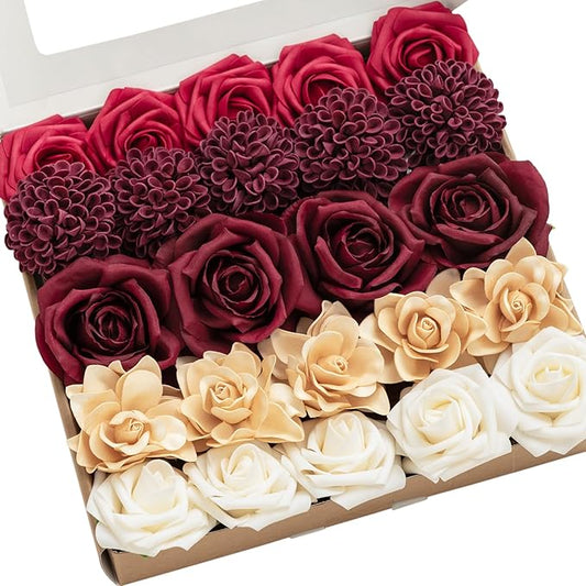 Ling's moment Artificial Flowers Fake Silk Roses Faux Dahlia Foam Gardenia Combo for DIY Wedding Bouquets Centerpieces Arrangements Bridal Shower Party Home Decorations, Bordeaux Red, 24pcs