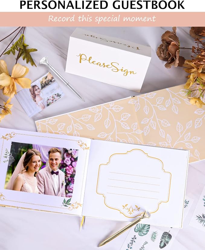 Wedding Guest Book - Guest Book Wedding Reception with Pens - 9x7'' Personalized Wedding Guestbook Photo Album Sign in Book - Gold Foil Hardcover & Gilded Edges, for Weddings, Baby Shower, Party