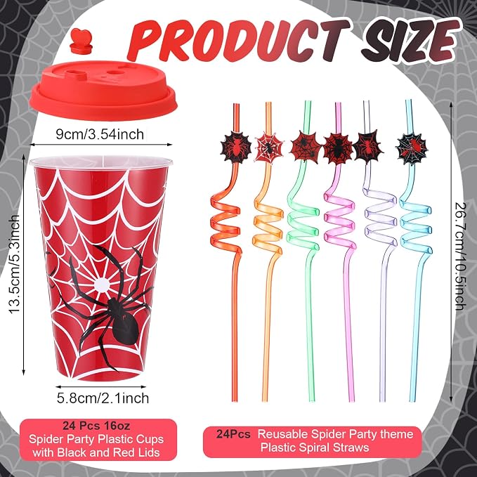 Maxcheck 24 Sets 16 oz Spider Party Favors Goodie Cups with Colorful Lids and Straws for Birthday Decorations Reusable Plastic Candy Cups Bulk Plastic Straws for Birthday Party Celebration Gifts