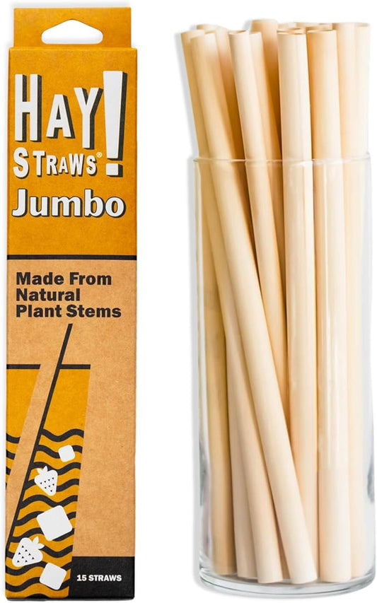 HAY Drinking Straws 8 Inch Jumbo for Smoothies Milkshake Iced Coffee - 15 Count Never Soggy Plant Based Disposable Eco Friendly - Plastic Free Reed Stem Natural Tall Straws