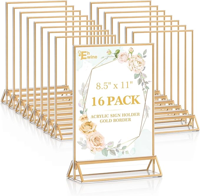 EHWINE 16 Pack Acrylic Sign Holder 8.5 x 11, Double Sided Gold Picture Frame Stand up Table Top Sign Holders, Clear Display Stand Menu Flyer Holder for Wedding Party (Provide Non-slip Mats)