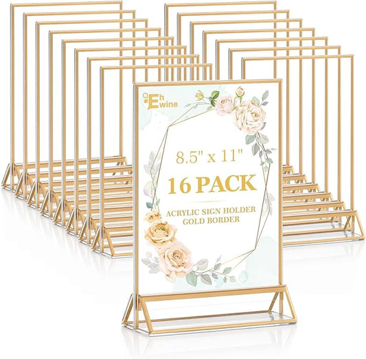 EHWINE 16 Pack Acrylic Sign Holder 8.5 x 11, Double Sided Gold Picture Frame Stand up Table Top Sign Holders, Clear Display Stand Menu Flyer Holder for Wedding Party (Provide Non-slip Mats)