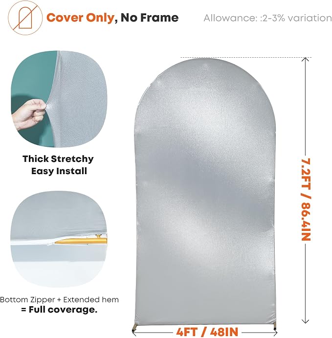 Silver Shimmer Arch Backdrop Cover 7.2FT with Zipper,Thick Soft Stretchy Sequin Glitter Spandex Fitted Chiara Cover for Wedding Birthday Baby Shower Graduation Party Photo Backdrop