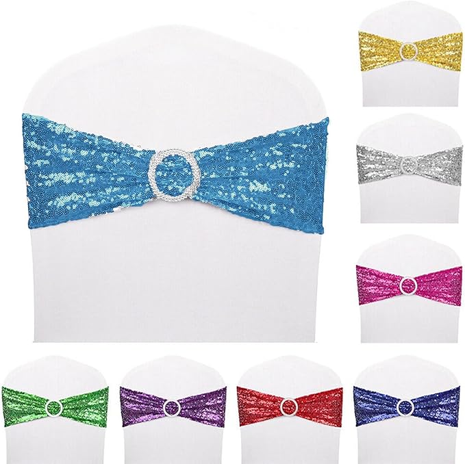 50 PCS Stretch Sequin Chair Sashes Chair Stretchy Spandex Bands for Wedding Reception Events Banquets Chairs Decoration (Turquoise)