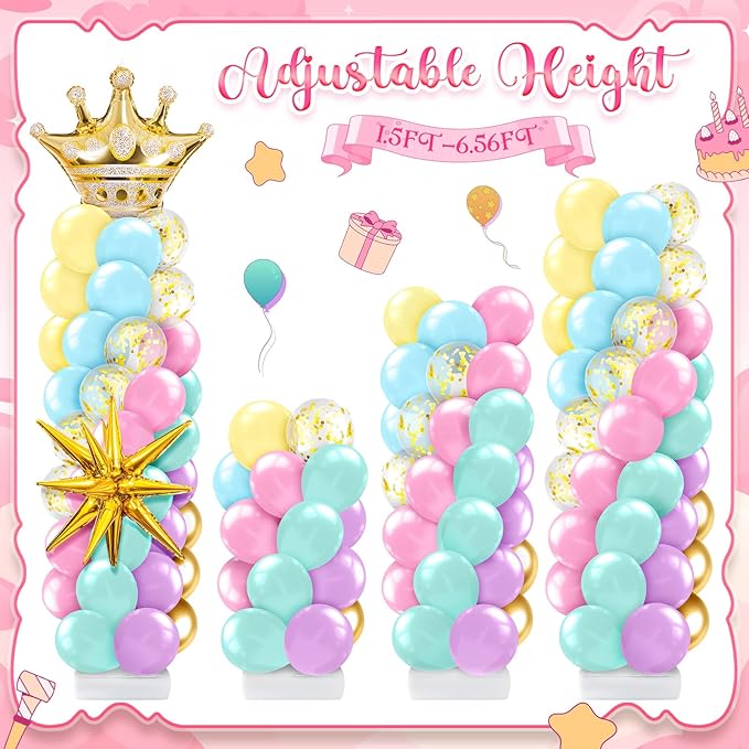 2 Sets Princess Balloon Column Stand Kit with Crown Exploding Star Foil Balloon Pastel Rainbow Balloons Arch Garland for Princess Birthday Wedding Baby Shower Decorations Party Supplies