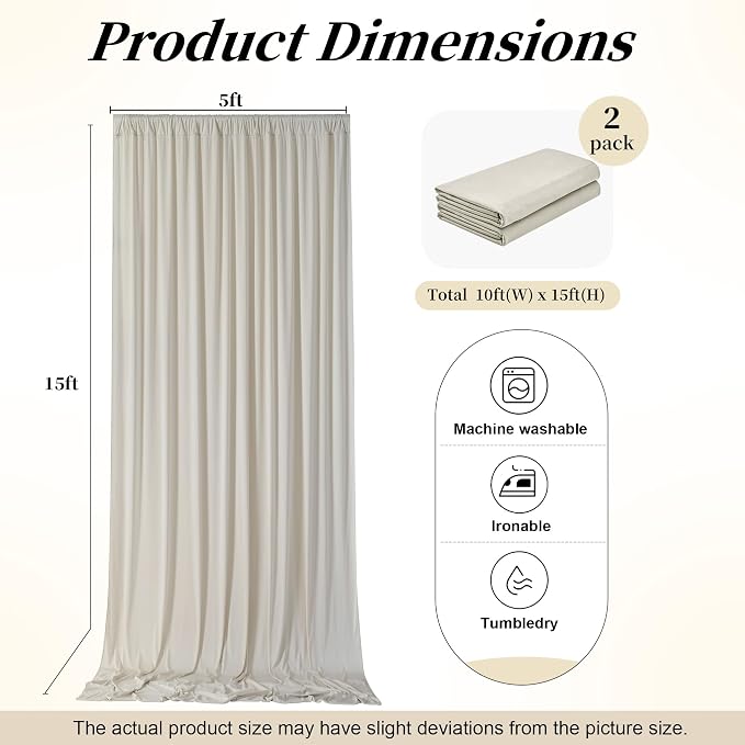 10ft x 15ft Beige Backdrop Curtains for Wedding Parties, 2 Panels Extra Long Wrinkle Free Fabric Drapes Photo Backdrop for Baby Shower Birthday Stage Reception Lobby Decoration