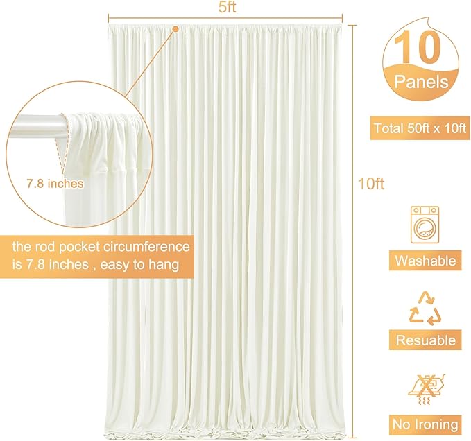 50ft x 10ft Ivory Backdrop Curtain for Wedding Ivory Wrinkle Free Backdrop Drapes Panels for Parties Baby Shower Bridal Shower Birthday Photo Photography Polyester Fabric Background Decoration