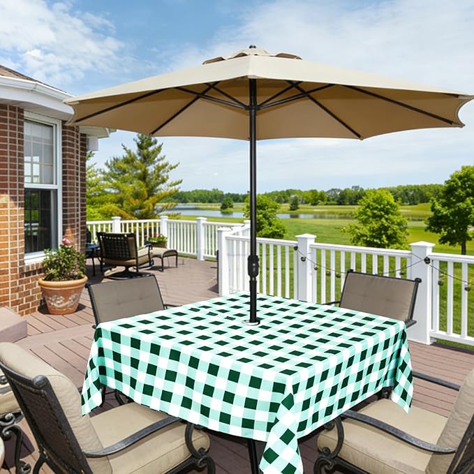 Poise3EHome Square Outdoor Tablecloth with Umbrella Hole and Zipper,Green Gingham 60x60 Inch,Polyester SpillProof Washable Table Cloth for Spring Summer Patio Garden Poolside Picnic Camping BBQS
