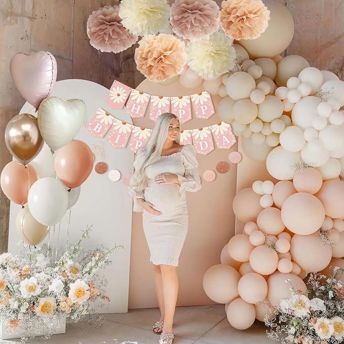 Blush Beige Birthday Decorations, Party Décor for Women, Boho Party Decorations, Daisy Flower Birthday Banner, Champagne Fringe Curtain