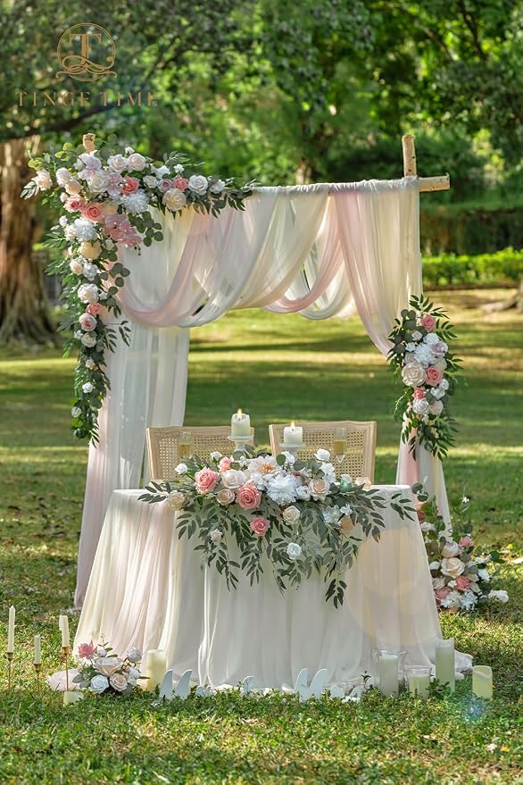 TINGE TIME Artificial Sweetheart Flower Swag with Table Cloth and Table Runner, Pack of 3 Floral Arrangement for Wedding Sweetheart Table Centerpiece Decoration (Dusty Rose & Champange)