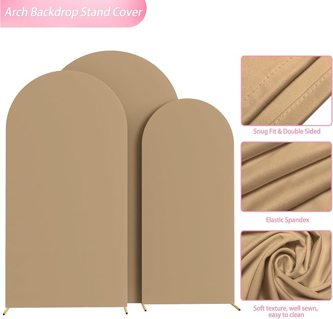 Wokceer Wedding Arch Backdrop Cover (7.2FT, 6.6FT, 6FT) Set of 3 Spandex Fitted Wedding Arch Stand Covers for Round Top Chiara Backdrop Stands Cover for Birthday Party Ceremony Decor Khaki