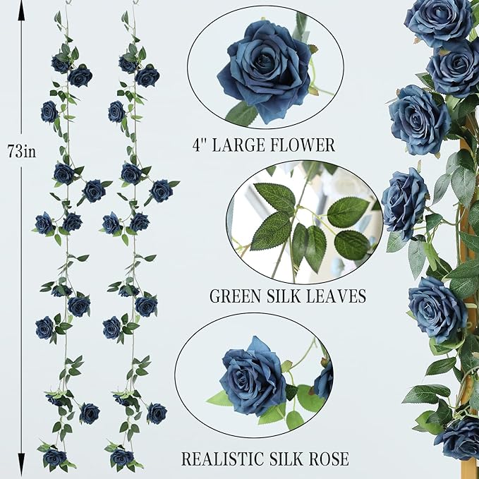 dallisten 2 Strands 73'' Artificial Silk Rose Flower Vines Garland, Fake Roses Floral Green Leaves Hanging Plant for Wedding Arrangement Decoration, Wall, Party, Bedroom, Home Decor (Blue)