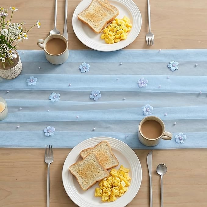 Artoid Mode Blue Flower Pearl Blue Gauze Table Runner 10FT, Seasonal Sheer Dining Holiday Wedding Birthday Baby Shower Table Decor for Home Party