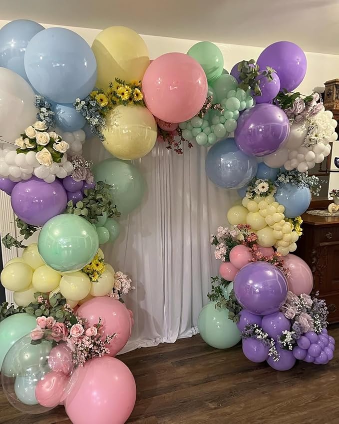 Pastel Balloon Garland Arch Kit Double Stuffed Pearl Macaron Pink Blue Yellow Green Purple Balloons for Baby Shower Wildflower Birthday Wedding Spring Flower Easter Party Decorations