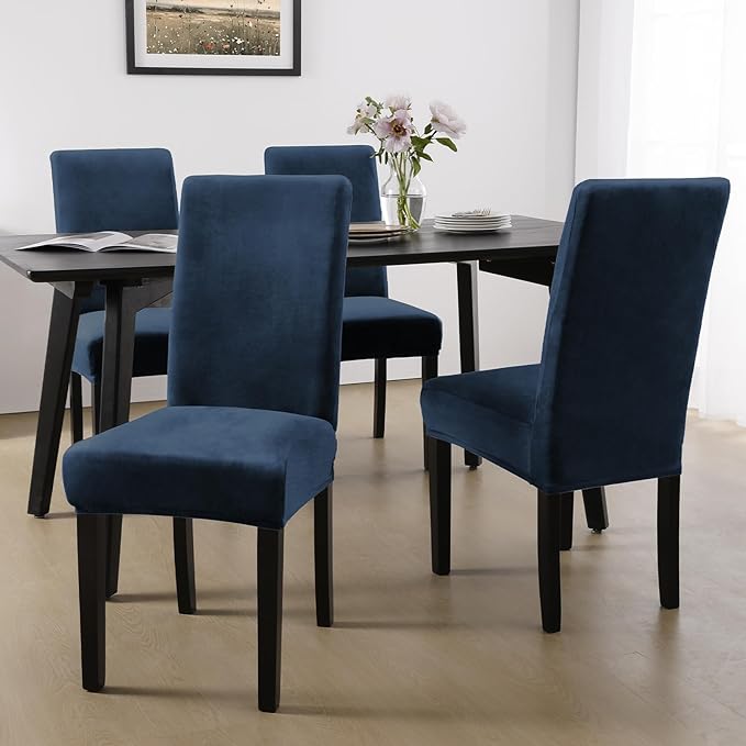 MOSAYT Velvet Stretch Chair Covers for Dining Room Set of 6 - Soft Slipcovers with Thick Removable Fabric for Parsons Chairs, Washable Seat Protectors for Kitchen, Banquet & Home Decor, Navy Blue