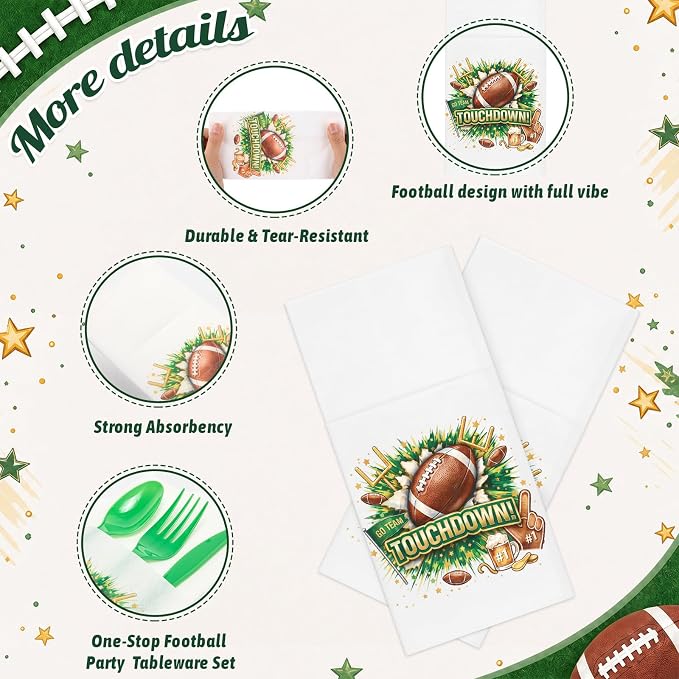 LemonRoad 50 Sets Football Party Plastic Silverware Pre-folded Cutlery Serves 50 Includes Forks Knives Spoons Paper Napkin Disposable Football Tableware for Tailgate Party Sports Gathering Game Day