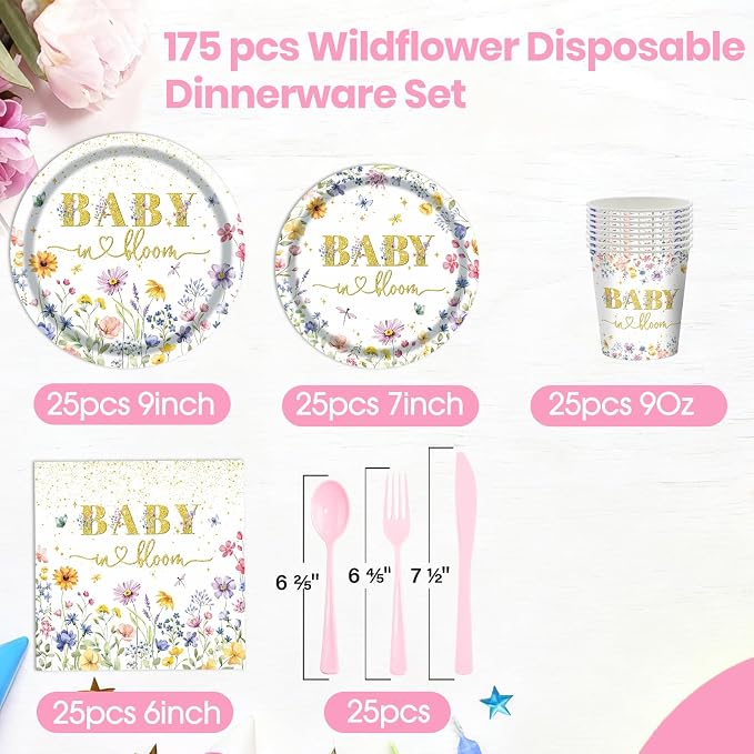 Wildflower Baby shower Plates and Napkins Party Supplies - 175PCS Spring Floral Baby in Bloom Paper Plates BabyShower Birthday Decorations Disposable Tableware Sets for Spring Summer, Serve 25 Guests