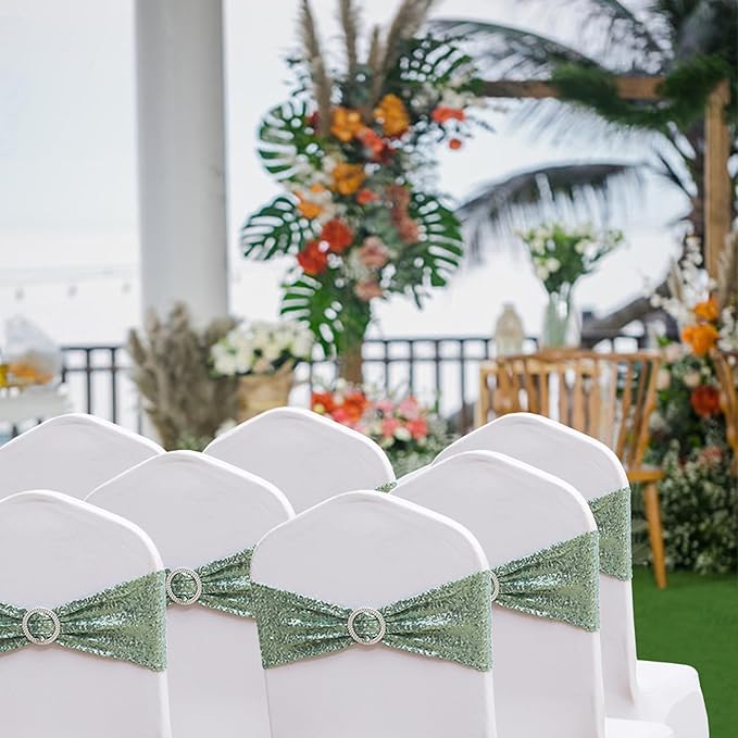 Sequin Sage Green Chair Sashes 50 Pack, Sage Chairs Bows for Party, Glitter Chair Bands with Silver Buckles for Wedding Banquets Birthday Anniversary Bridal Shower Events Decorations