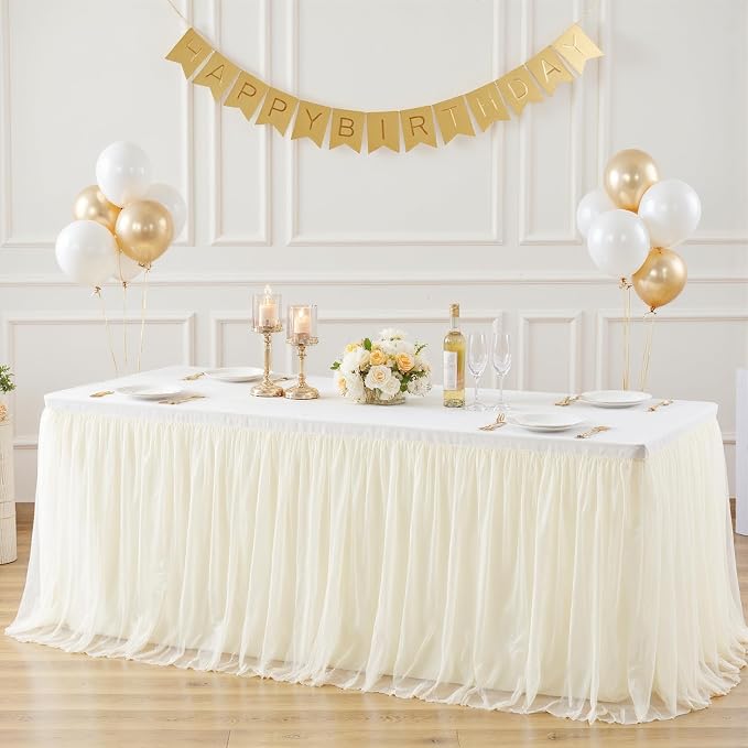 Suppromo Ivory Tulle Tablecloth for 8 Foot Rectangular Table 8ft Ivory Rectangle Table Cloth Wrinkle Free Tablecover with Tutu Skirt for Wedding Birthday Party Bridal Shower Banquet Buffet Cake Event