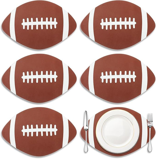Remerry 15 Inch Football Party Supplies Placemats Set of 6 Leather Foot Ball Shape Place Mat for Football Party Decorations Heat Resistant Seasonal Autumn Table Mats for Game Day Autumn Kitchen