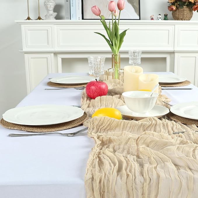 8 Pack Beige Cheesecloth Table Runner 10ft Boho Gauze Fabric 120 Inch Cheese Cloth Table Runner Rustic Sheer for Holiday Baby Shower Party Décor Home Wedding Decoration