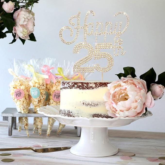 LINGTEER Happy 25th Birthday Gold Rhinestone Cake Topper - Cheers to 25th Birthday 25 Years Old Anniversary Party Cake Centerpieces Topper Decorations Gift Sign.