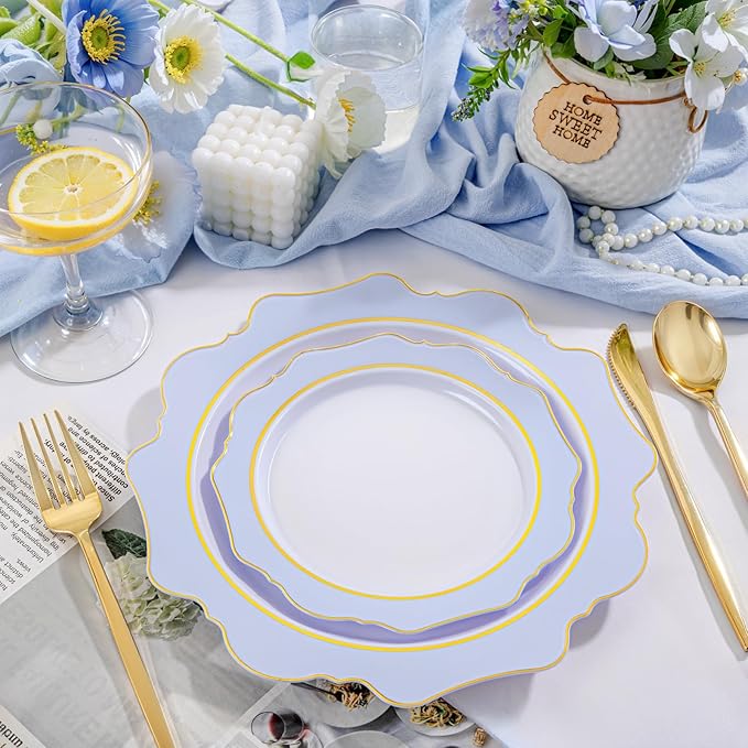 WDF 100PCS Blue Plastic Plates - Light Blue Plates Disposable - Heavy Duty Scalloped Plastic Plate for Parties/Wedding/Baby Shower