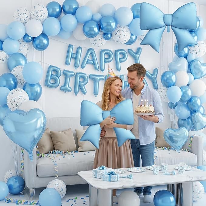 Blue Bow Birthday Decorations Pastel Baby Light Blue Metallic White Bows Print Party Balloon Happy Birthday Banner 38 In Coquette Foil Balloons Heart Balloon for Men Boys Bday Party Supplies