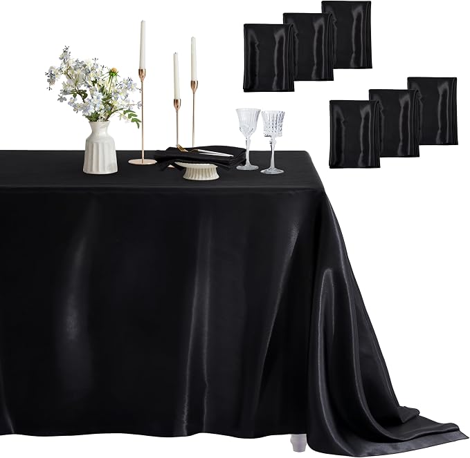 6 Pack Satin Table Cover Rectangle Silkly Soft Table Cloth, Satin Dining Table Cloths for Wedding Banquet Table Decoration, Dining Room, Indoor and Outdoor Use, 60 x 120 Inches, Black