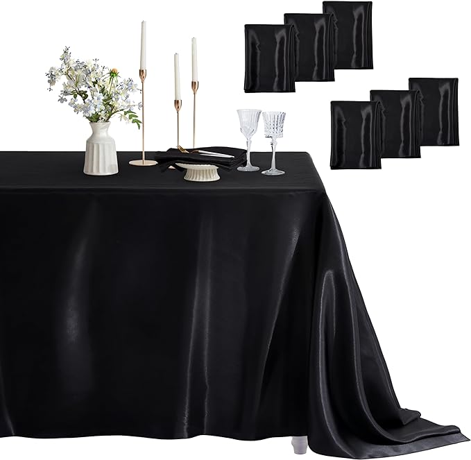 6 Pack Satin Table Cover Rectangle Silkly Soft Table Cloth, Satin Dining Table Cloths for Wedding Banquet Table Decoration, Dining Room, Indoor and Outdoor Use, 60 x 84 Inches, Black