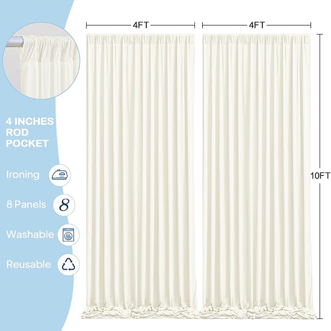 8 Panels Ivory Backdrop Curtains - Wrinkle Free Fabric Backdrop Curtain for Photoshoot, 10FT Wedding Party Photo Backdrop Drapes for Birthday Baby Shower Photography Stage Background Decorations