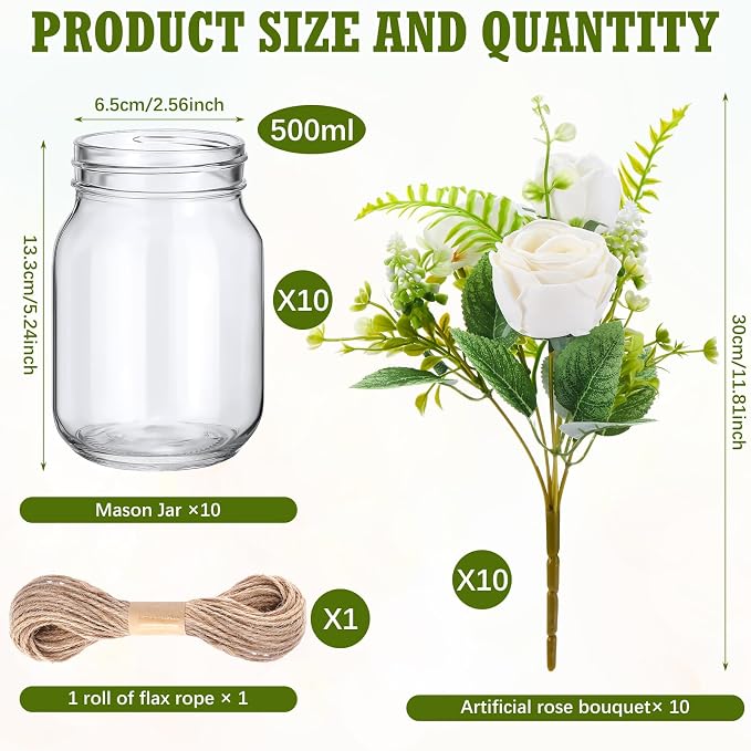 XunYee 10 Set Mason Jar Table Centerpiece with Flower Mason Jar Flower Centerpiece Vases Decor for Engagement Party Bridal Shower Wedding Reception Table Decor(White,Rose)