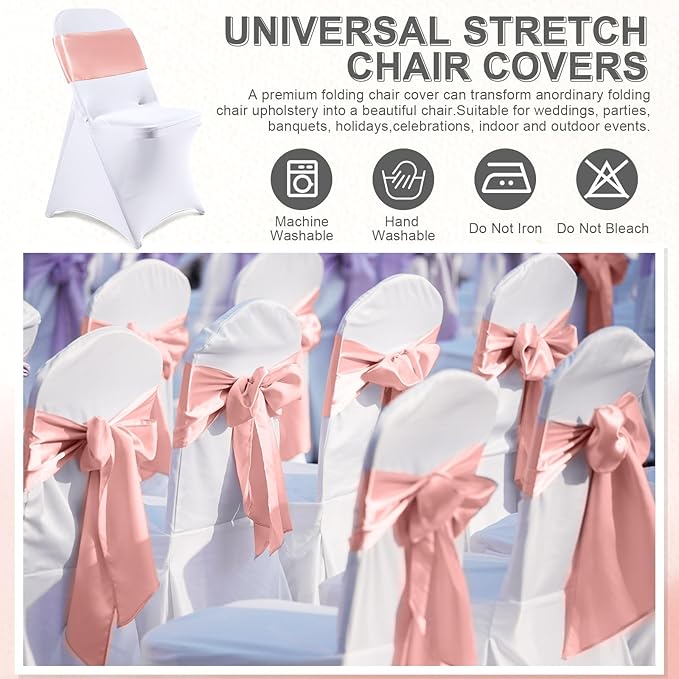 Lounsweer 50 Pcs Folding Chair Cover Set with 25 Stretch Spandex Slipcovers 25 Satin Chair Sashes Bows Ribbon Washable Banquet Protector for Wedding Event Party(White, Rose Gold)