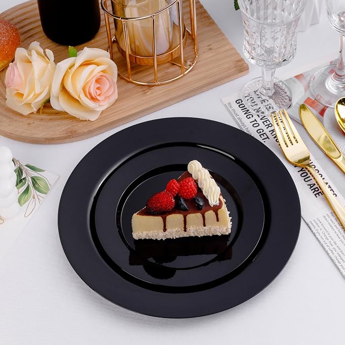 Bestluck 100PCS Black Plastic Plates, Black Disposable Plates for 50 Guests, 50 Dinner Plates 10.25 inch and 50 Dessert Plates 7.5 inch for Party, Graduation, Wedding