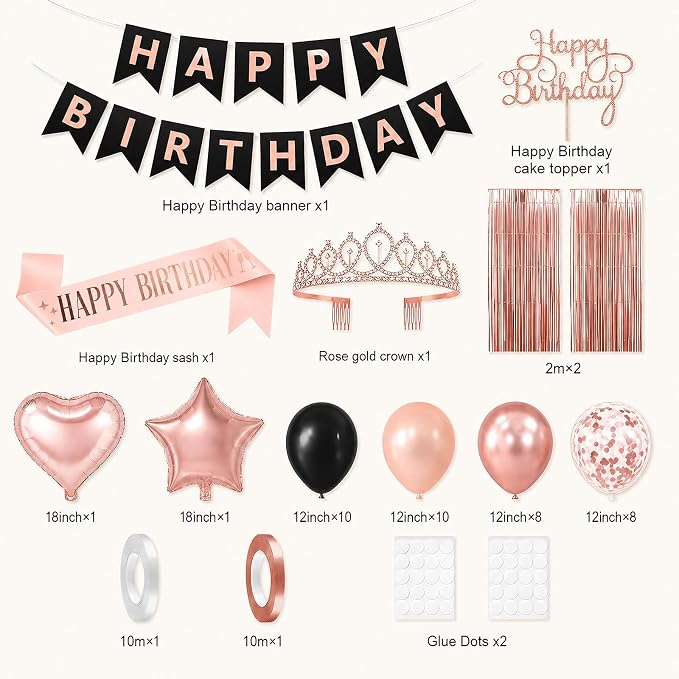 Black Rose Gold Birthday Decorations for Women Girls,Rose Gold Latex Balloons with Happy Birthday Banner,Fringe Curtain,Cake Topper,Sash and Crown for Birthday Party Supplies