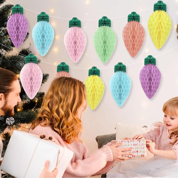 12 Pcs 12" Jumbo Pastel Christmas Light Honeycomb Hanging Decorations 3D Large Light Bulb Shaped Xmas Assorted Colors Honeycomb Ornament for Christmas Classroom Decor