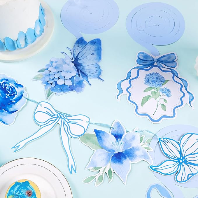 Blue Party Decorations, Blue Hydrangea Flower & Bow Themed Party Decorations, with 3 Pre-strung Flower Banners and 20 Hanging Swirls for Women Girl Birthday, Baby Showers, Bridal Showers, Birthdays, Tea Parties